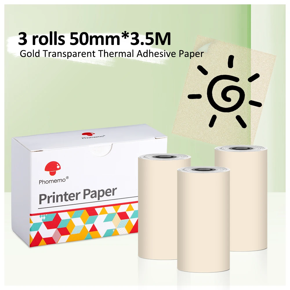 3 Rollen/Box 50 mm * 3,5 m Phomemo Gold Gliter transparenter selbstklebender Thermo-Aufkleber-Etikettenpapier Phomemo M02/M02S/M02Pro Drucker