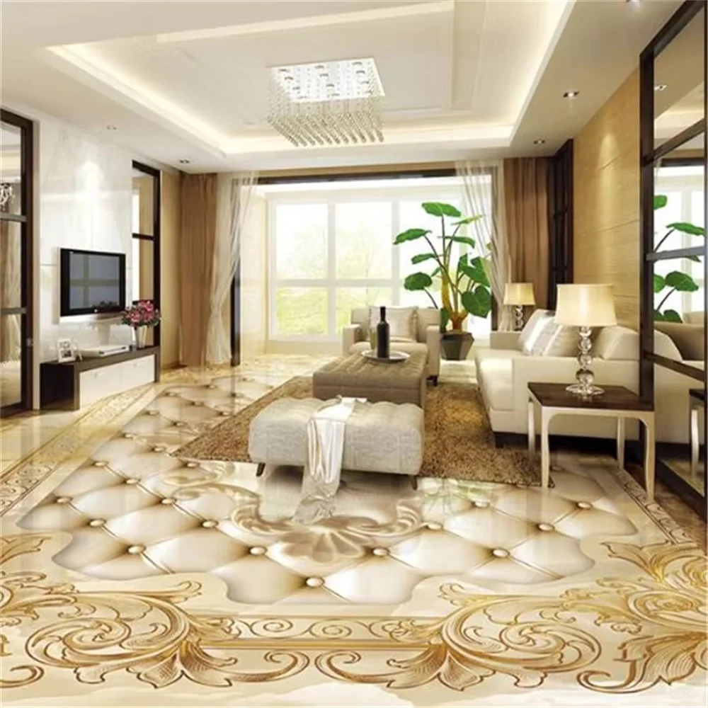 Custom floor decoration painting 3d marble tile parquet relief flooring luxury gold rose marble soft package papel de parede