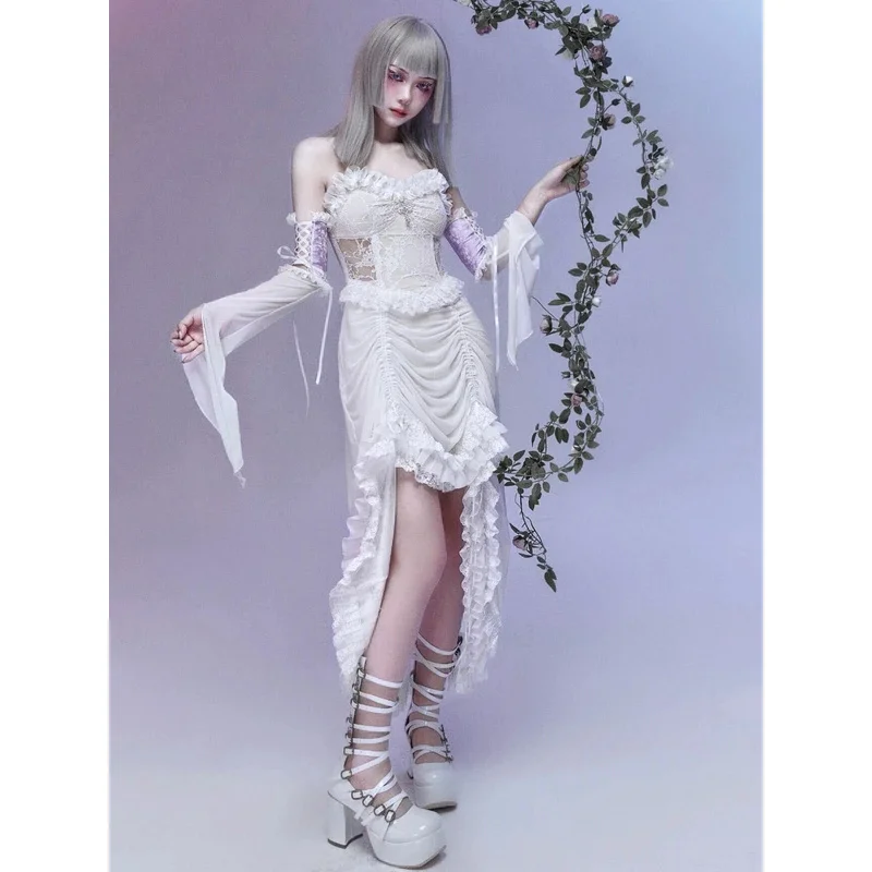

25COSOriginal Redemption Of The Gods White Gothic Dress Drawstring Mesh Dark Black Suspender Dress Summer Sexy Dress