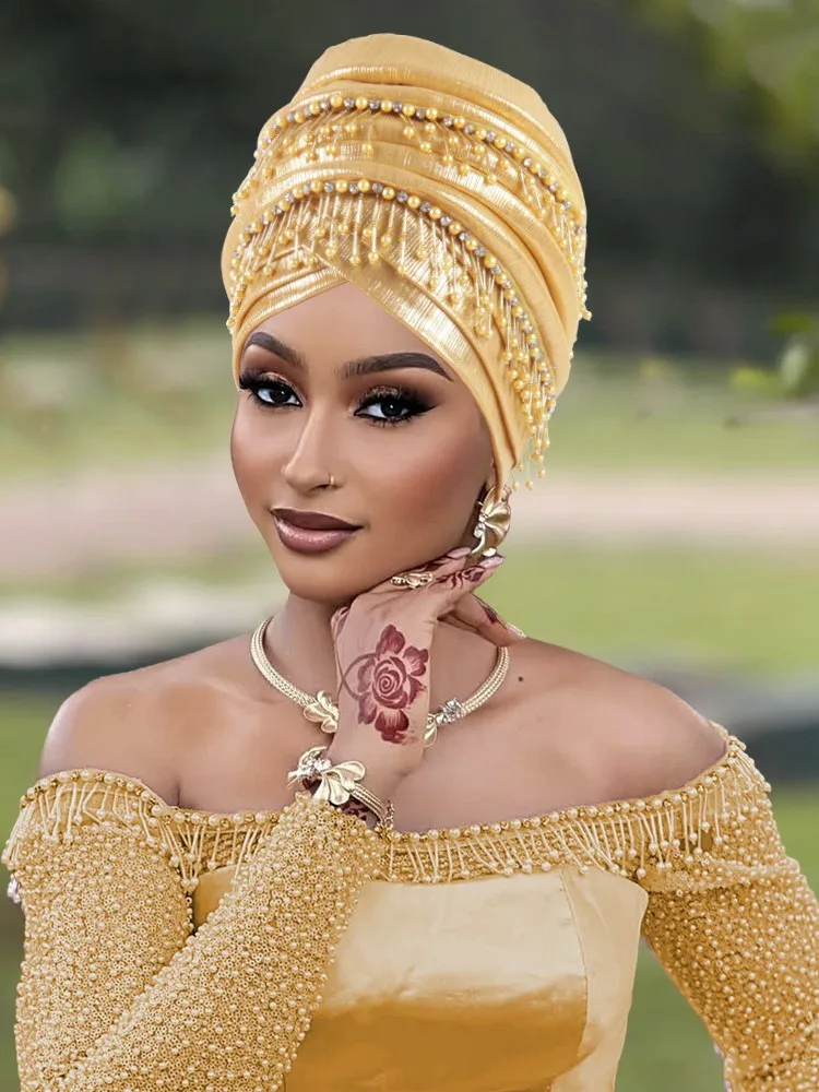 بريق كامل الجسم مطوي قبعة عمامة للنساء 2025 سيدة أشرطة رأس حجاب إسلامي قبعة Turbante Mujer غطاء الرأس الأفريقي