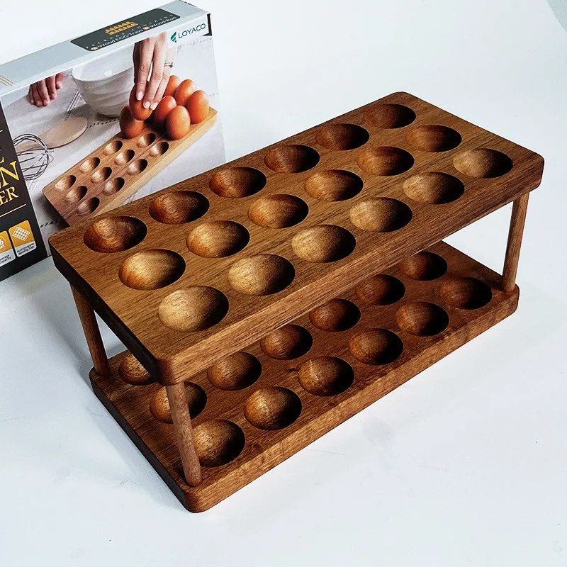 Solid wood egg holder Household kitchen storage rack Egg storage rack Double shelf Kitchen table top egg holder