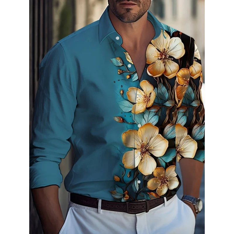 Colorful Flowers Pattern Hawaiian Shirts For Men Luxury Fashion 3D Printed Aloha Shirts Casual Loose Long Sleeve Tops Blouses
