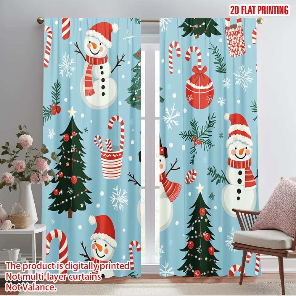 2pcs,2D plane printing Minimalist Curtains Cute Snowman Christmas Polyester Fabric (without rod) Festive Use for Living Room,