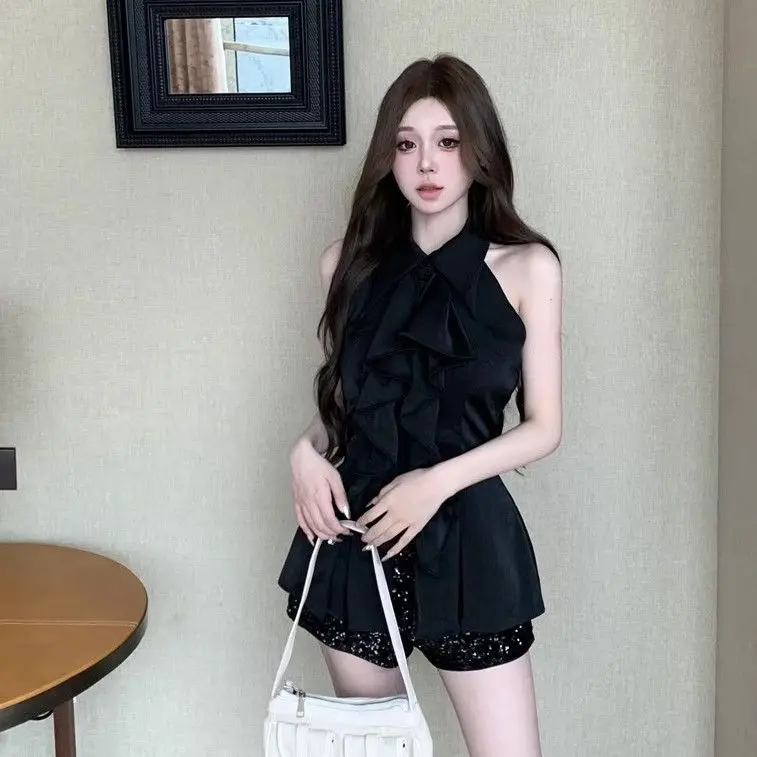 2025, neues Polo-Ausschnitt, Neckholder, einfarbiges Hemd für Damen, Sommer, hohes, schlankes Temperament-Top