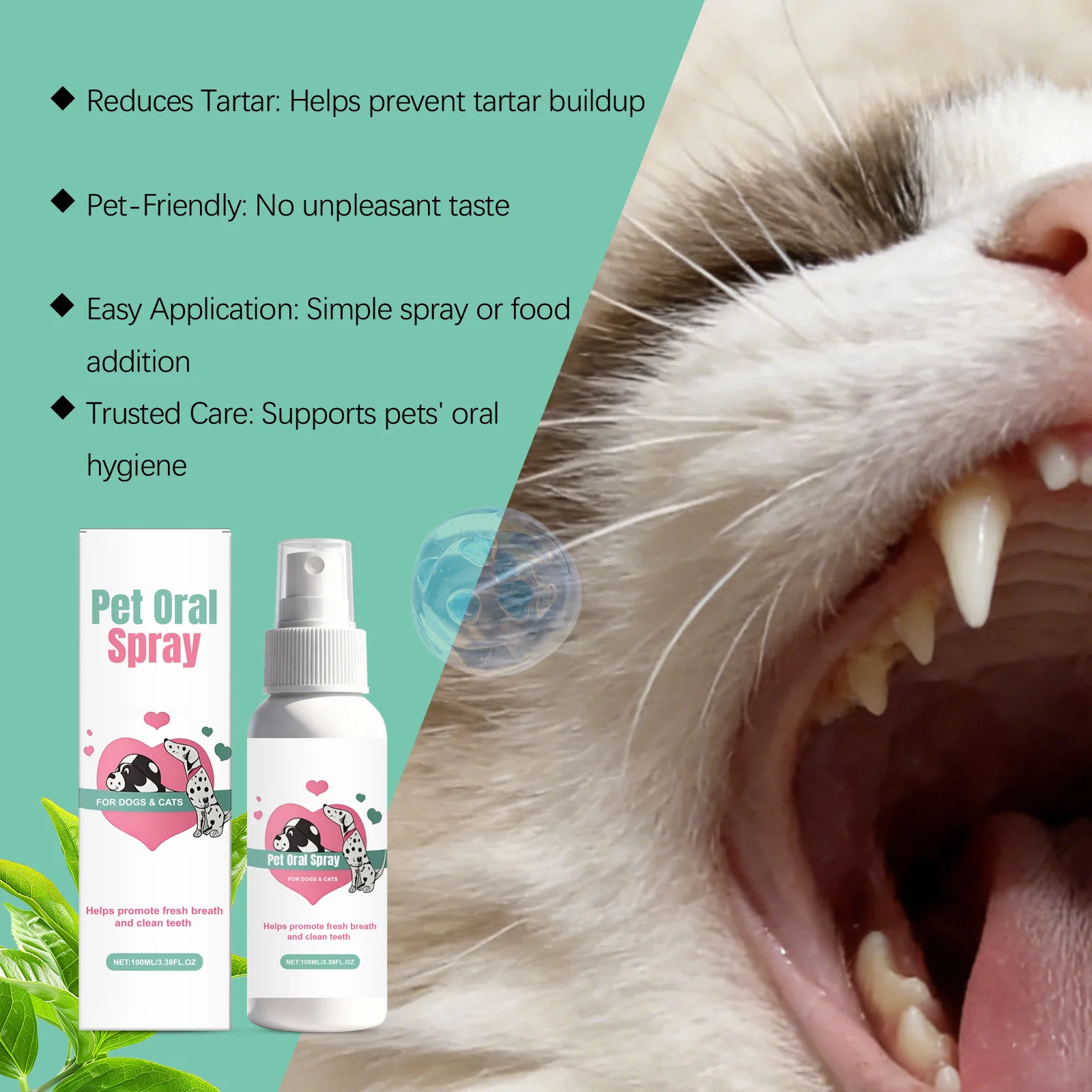 Pet Oral Spray Green Tea Extract Dental Care Spray Fresh Breath Deodorant No Brushing Easy Use Dogs Cats Oral Gum Health Cleaner