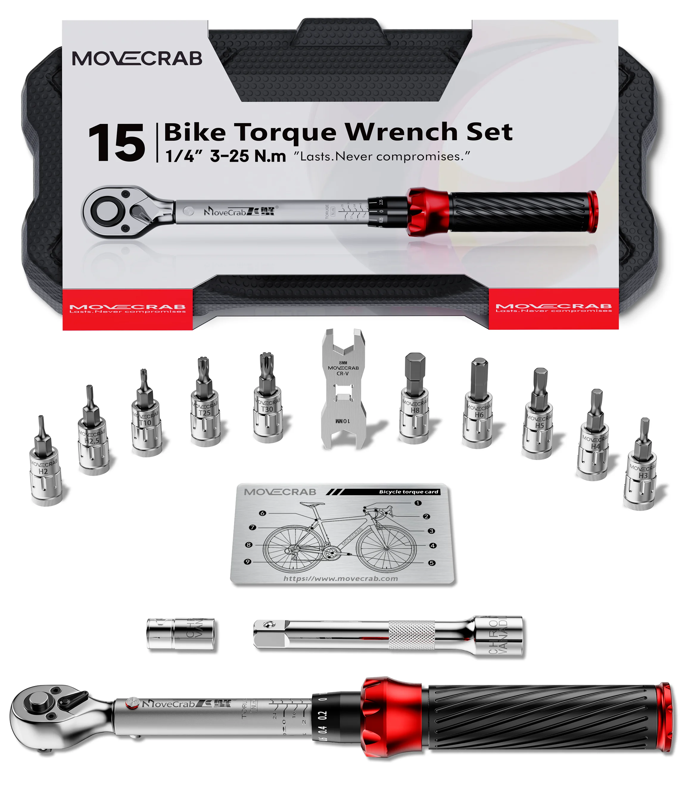 MoveCrab Premium Mechanische Momentsleutelset 9-delig 5-224N.m/4-165Ft.lb voor Fiets Motor Auto Industrieel Reparatiegereedschap Set