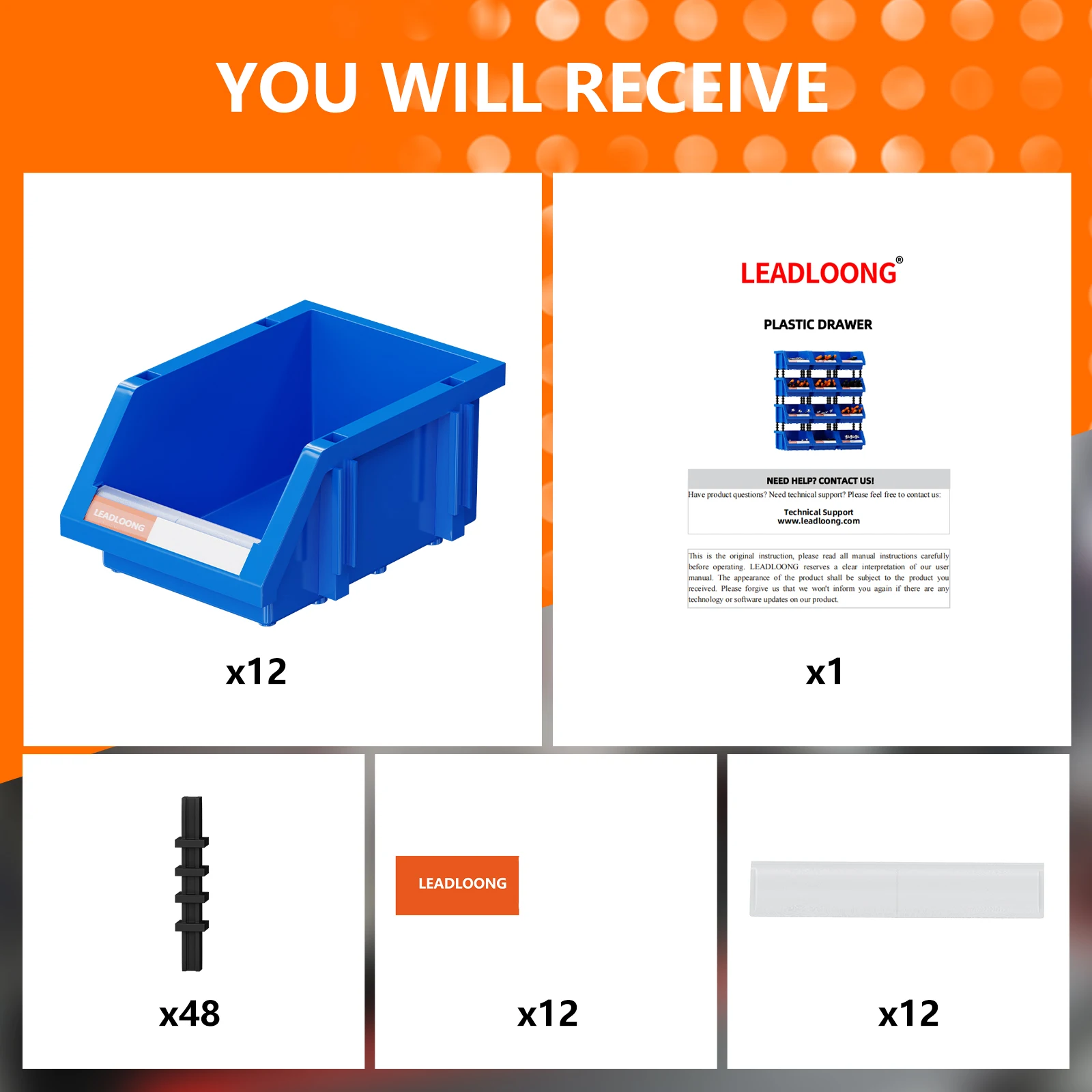 LEADLOONG 12pcs Plastic Stackable Storage Bins, Parts Storage Organizer, Garage Storage Bins, Small Parts Container, 180*120*80M