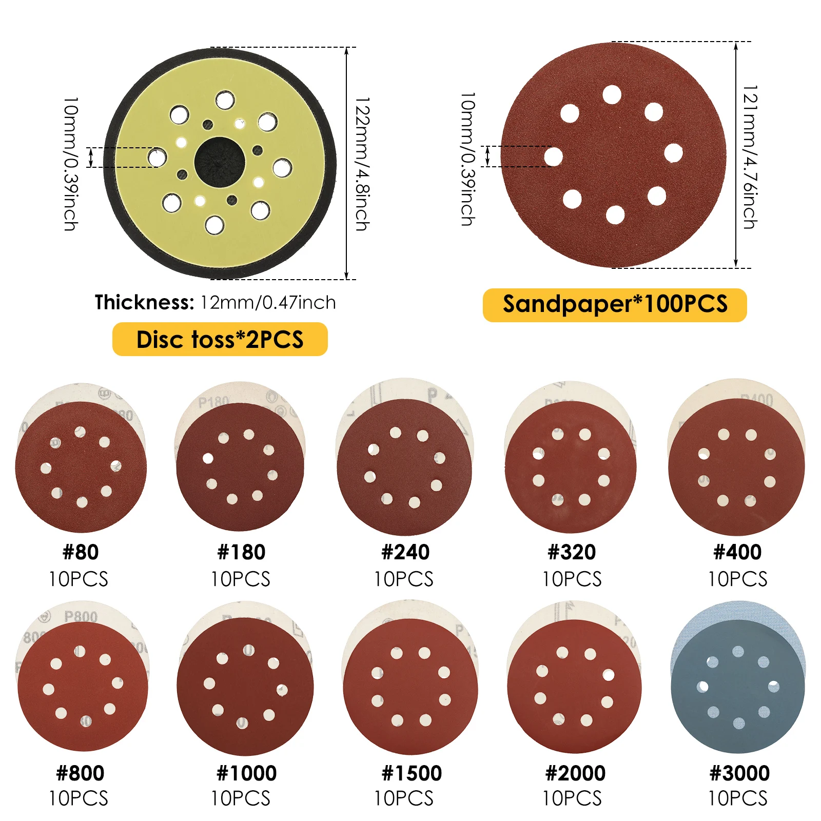 102Pcs 5 Inch Sanding Discs Set 8 Hole Hook And Loop Sandpaper Assortment With 2Pcs Soft Interface Pad For Orbital Sander Tool