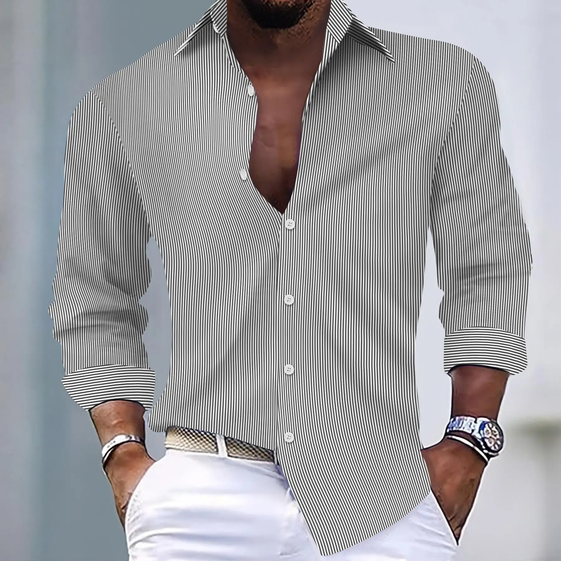 

Men's Color Woven Striped Casual Long Swedi irt Loose Fit Print No Iron Treaent Spring Youth Thiened Long Sve