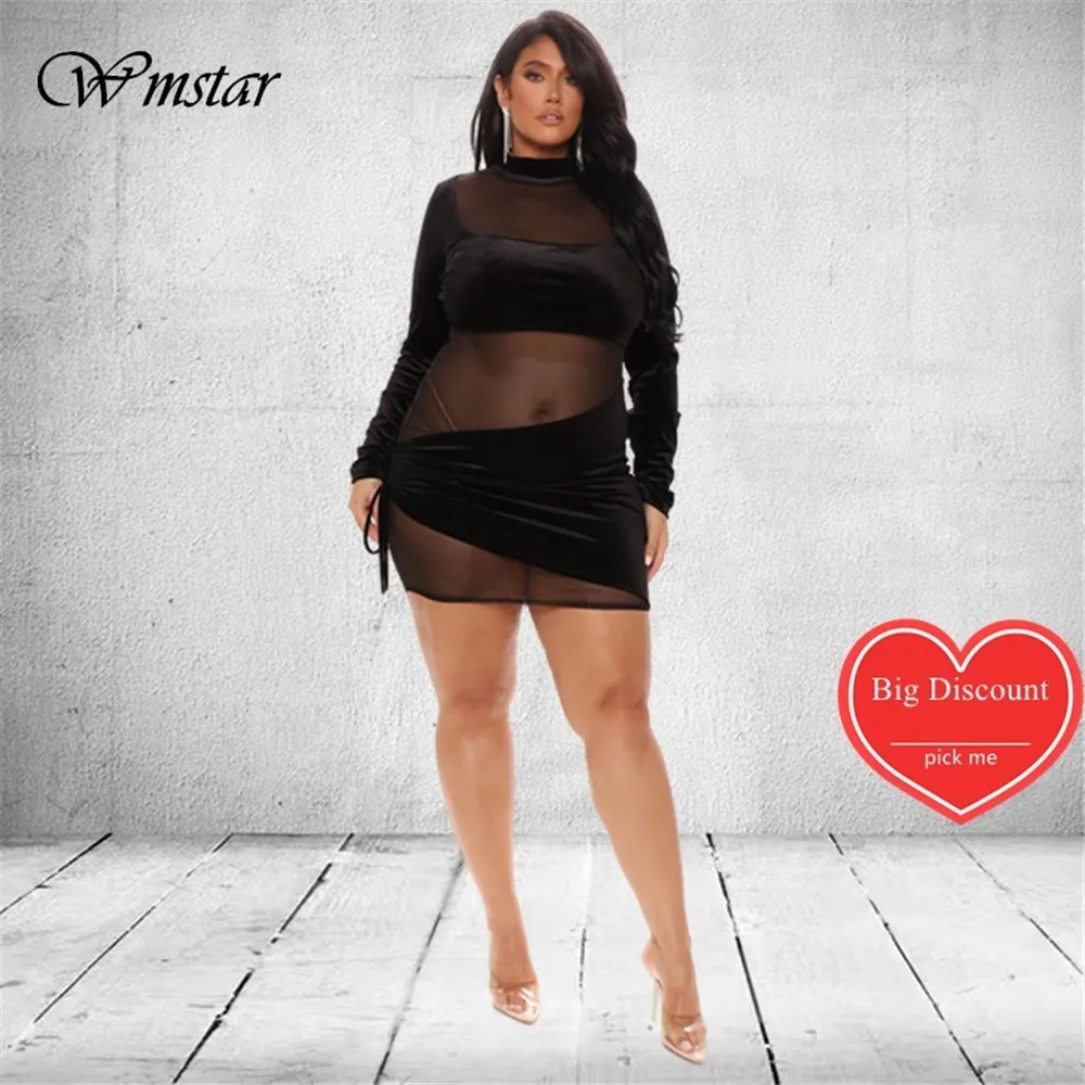 Wmstar Plus Size Dresses for Women Mesh Black Sexy Patchwork Long Sleeve Mini Dress Hot Sale Club outfits Wholesale Dropshipping