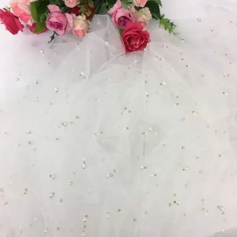 3 Colors Bead Pearl  fabric Ivory Soft Tulle for wedding  bridal lace dress fabric veil   1 Yard