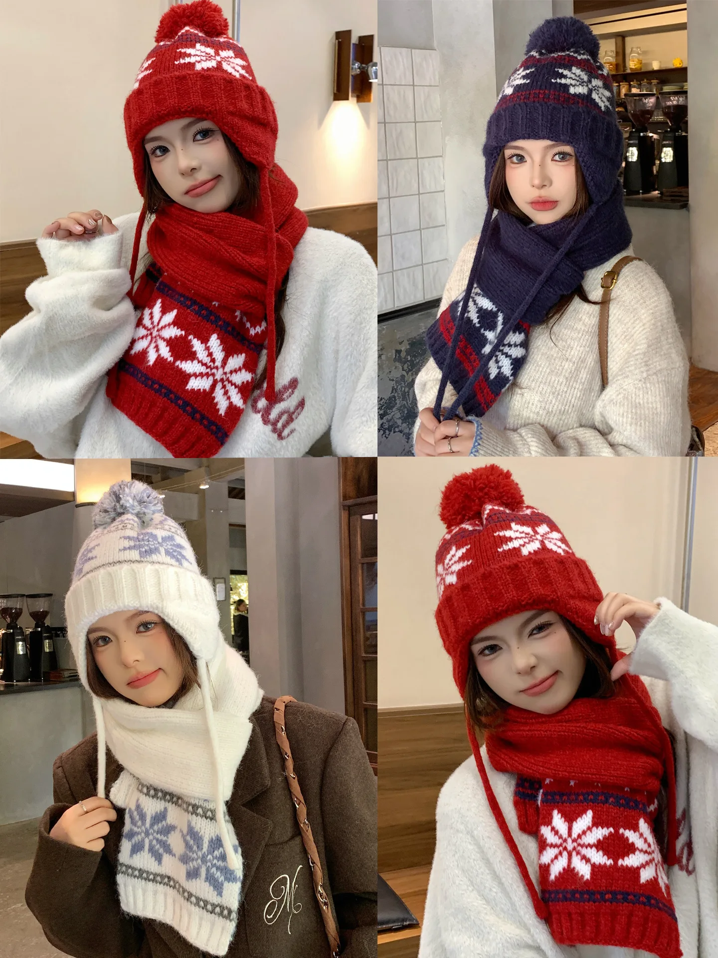 Set Topi dan Syal Musim Dingin Natal, Motif Fair Isle Snowflake Multi Stripe Rajut Pom Chullo, Topi Ski Trapper dengan Penutup Telinga