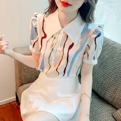 Women Clothing Fashionable Patchwork Chiffon Peter Pan Collar Short Sleeve Blouse Summer Fashion Lacing Shirts Ladies Korean