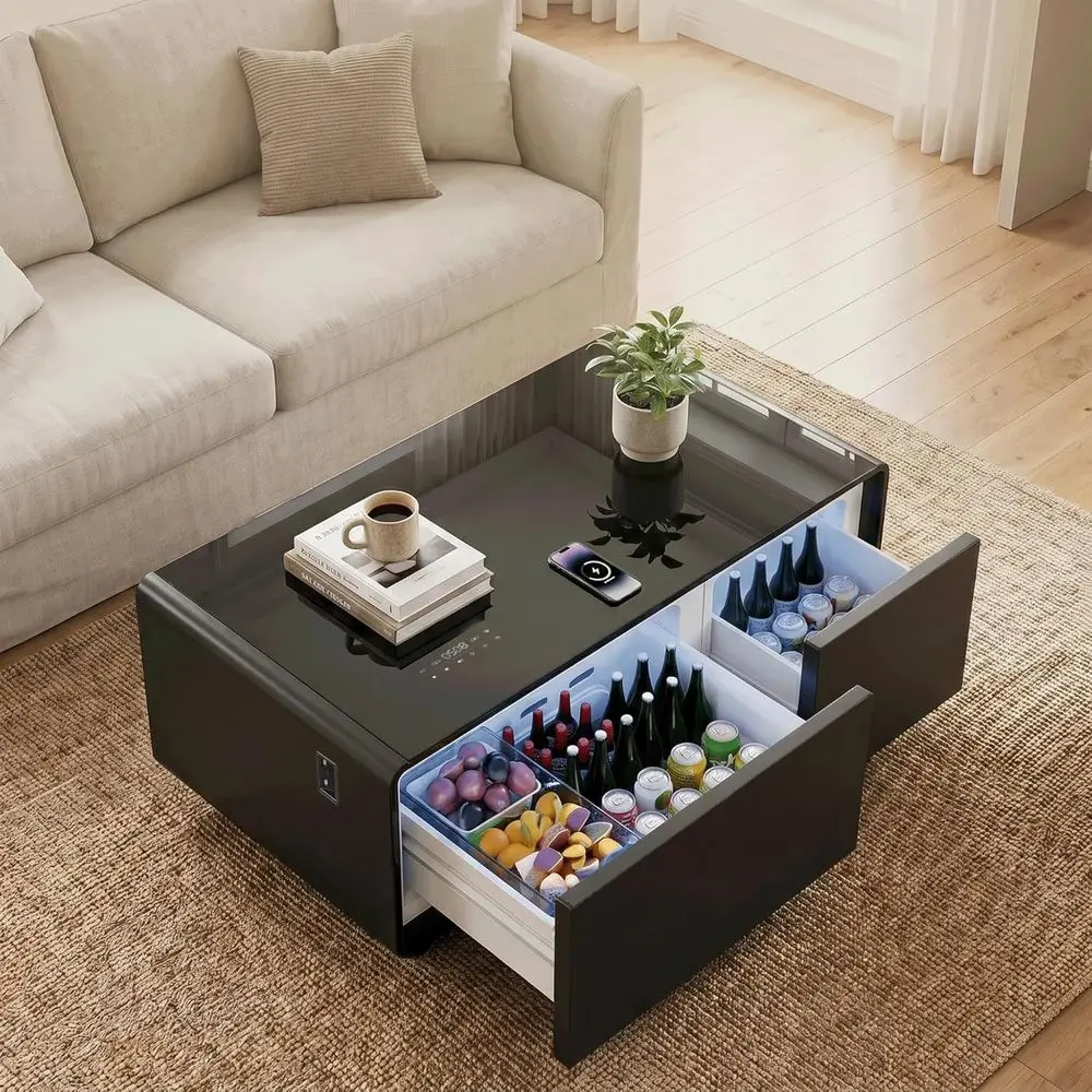 

23x41.5x18.1 Living Room Coffee Table with Built-in Ridge, Speakers, and 15W Wireless Charging, USB Ports (Black)