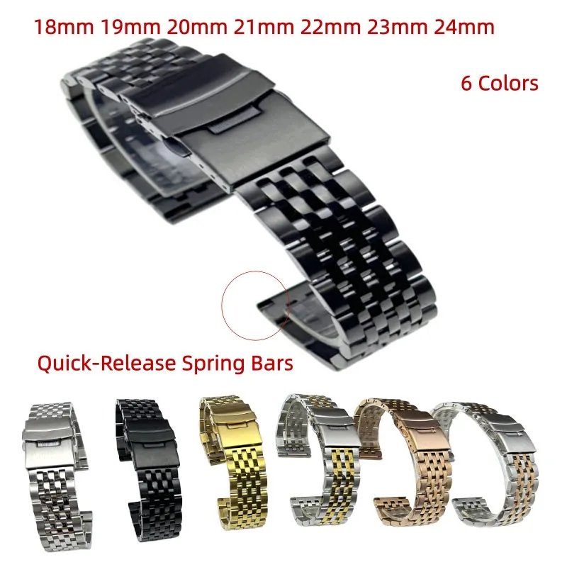

Ремешок для часов из матовой нержавеющей стали 18 мм, 19 мм, 20 мм, 22 мм, 23 мм, 24 мм, серебристый, черный, с 7 звеньями типа «рис», двойной безопасной застежкой