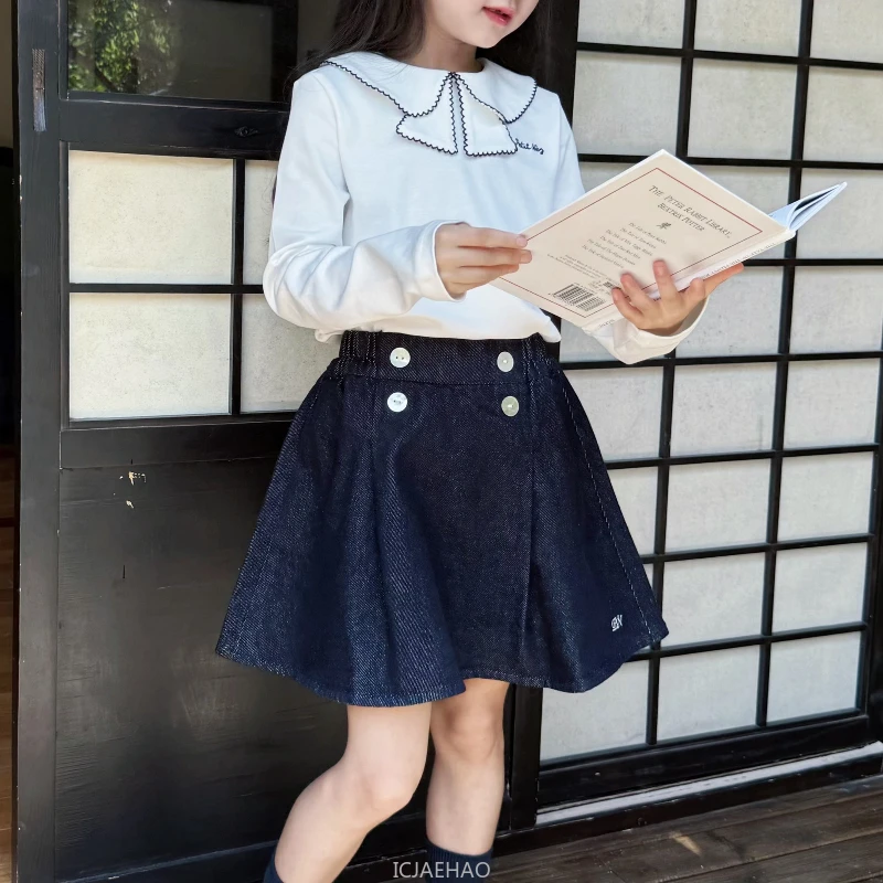 

Teen Girl Clothes Children Costumes Vintage Girls Elastic Waist Shell Button Denim Skirt and Top Kids Versatile Casual Outfits