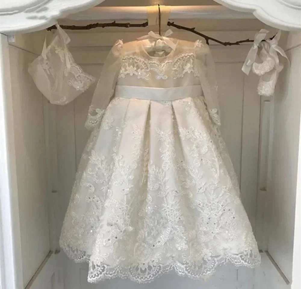 

Customized Lvory Flower Girl Dresses For Wedding Appliques Sequins Full Sleeves Lace Kids Birthday Party Formal Occasion Gown