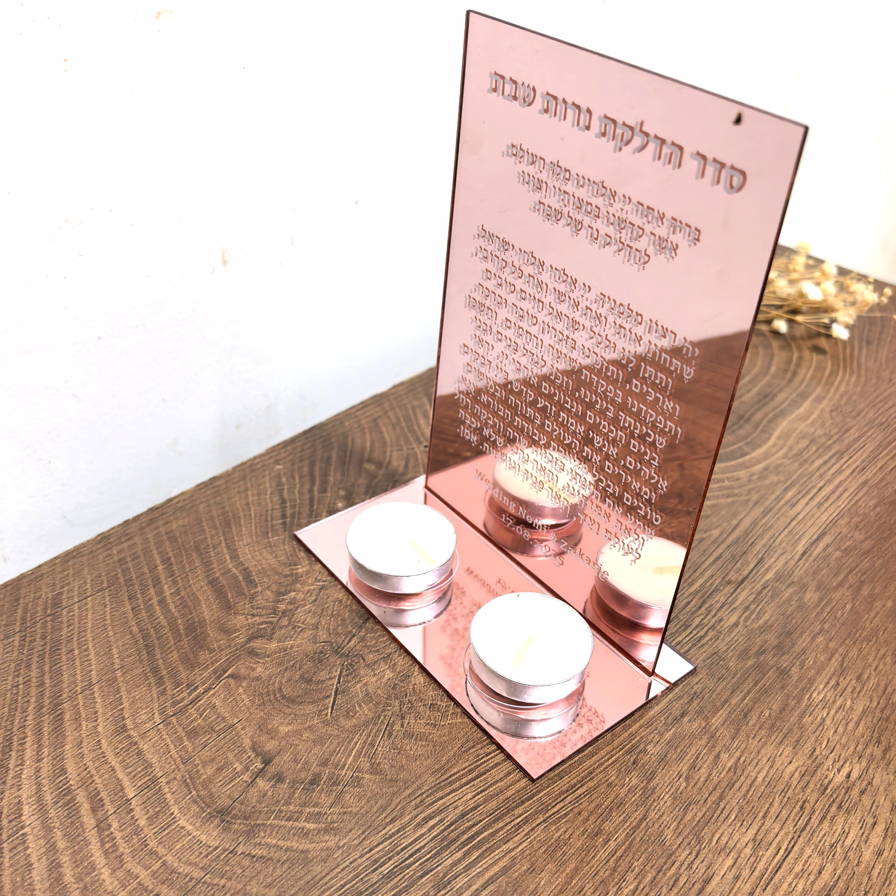 bow tied Hot Bar Mitzvah Custom10pcs Acrylic Prayer Card,White Acrylic Hamsa Hebrew Card,Mirror Rose Gold Base With Candle Model