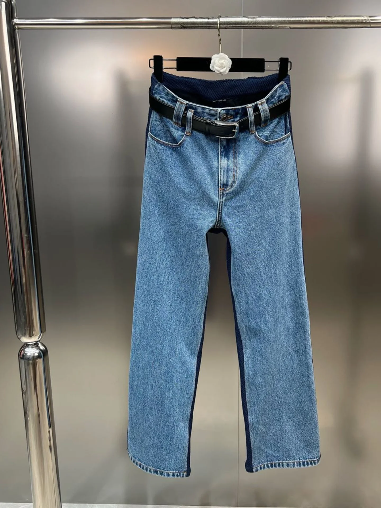 2023 nova primavera cor combinando calças de brim para as mulheres simples moda em linha reta calças jeans femininas calças compridas high street com cinto