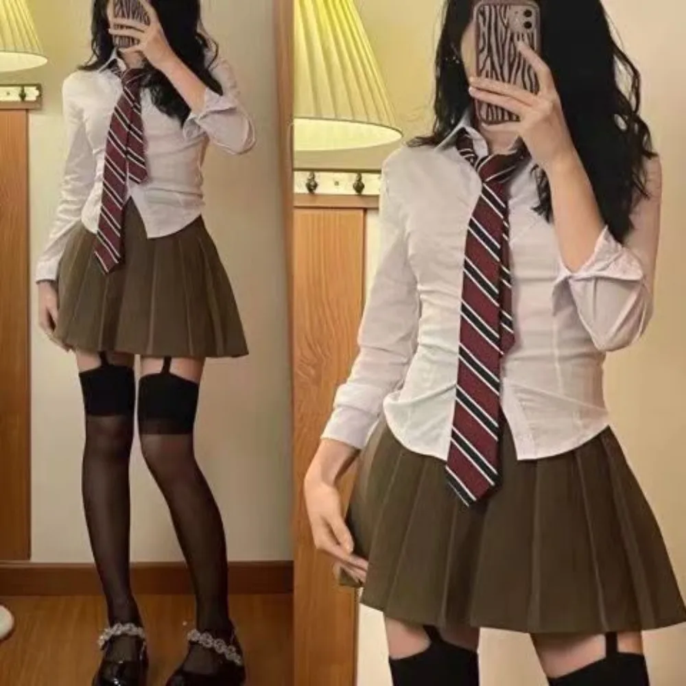 European and American Style Japanese Girl Sexy Collect Waist Spring Grey Shirt JK High School Uniform Class Students Blouse Top