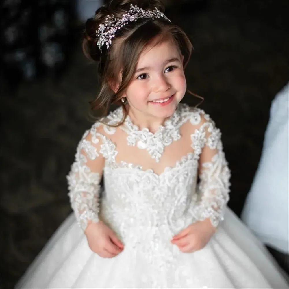 

Luxurious Flower Girl Wedding Dress Long Train With Bow Appliques Bead Princess Birthday Ball Gown Holy First Communion Gown