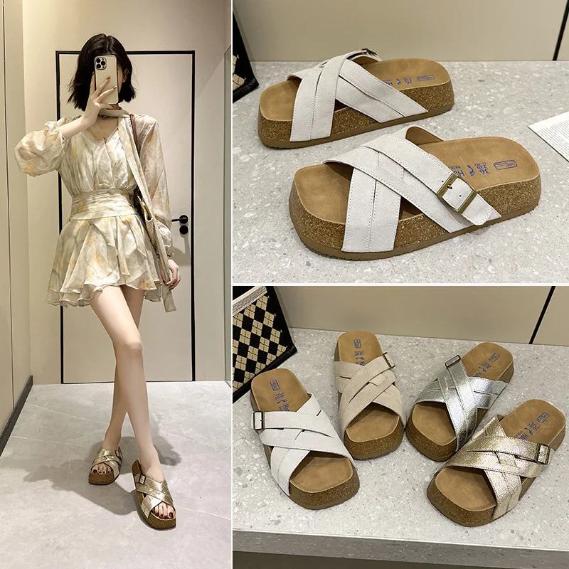 

Women Summer Cork Sandals Genuine Leather Open Toe Slides Fashion Flat Beach Shoes