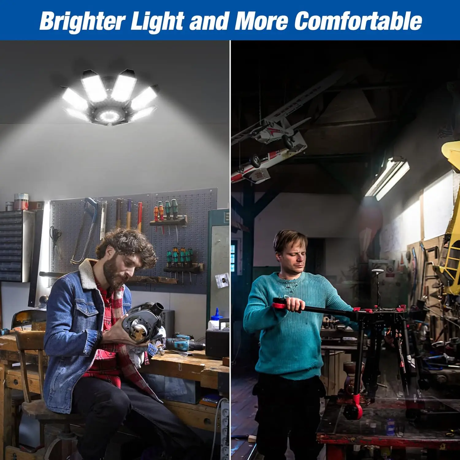 LED Garage Light with 5/8/10 Adjustable Panels Super Bright E27/E26 Ceiling Lighting Work Light for Basement Workshop Warehouse