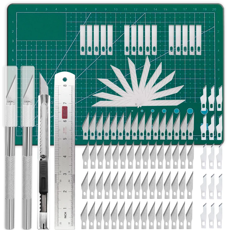 105Pcs Precision Carving Craft Hobby Knife Set with Utility Precision Cutter and A5 Cutting Mat Extra Blades Steel Ruler