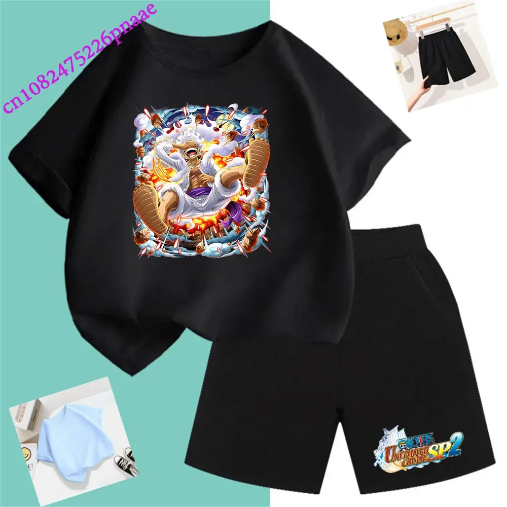 One Piece Pirate King Fashion Summer 2024 Cheap Girl Short T Shirt Kid Clothes Shorts Child Set Fashion Kawaii O-neck T-shirt