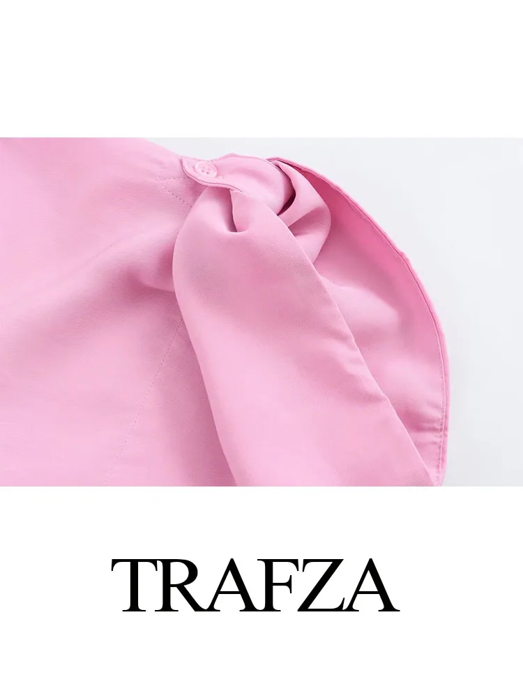 TRAFZA Women Fashion Suits Pink Turn Down Coller Half Sleeves Single Breasted Shirts+Mid-Waist Lace-Up Wide Leg Pants Female Set