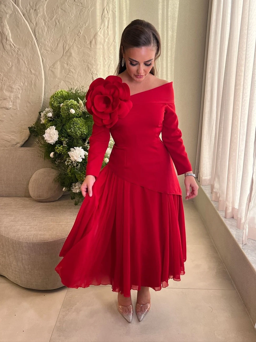 

Oisslec Dress Elegant Vintage Sweet Red Flowers Ruffle Chiffon A-Line Customize Formal Occasion Prom Dress Evening Party Gowns