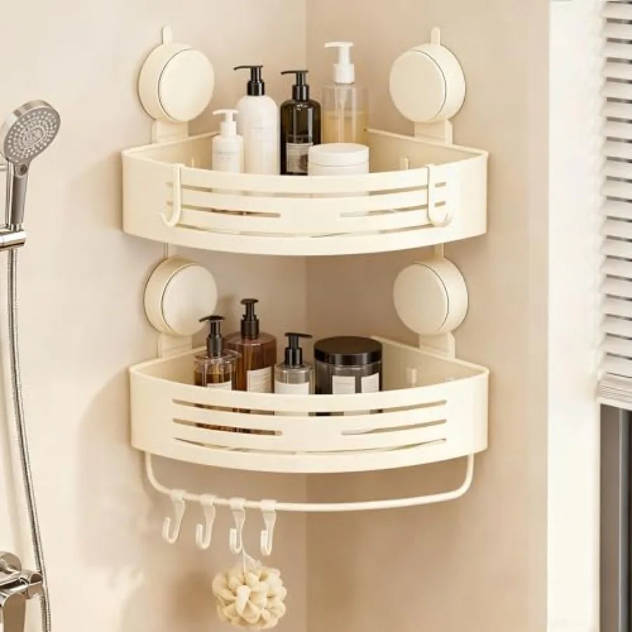 

Corner Shower Caddy Bathroom Organizer Cream White,No-Drilling Aluminum Suction Cup Corner Shower Shelf with Towel Bar and Hook