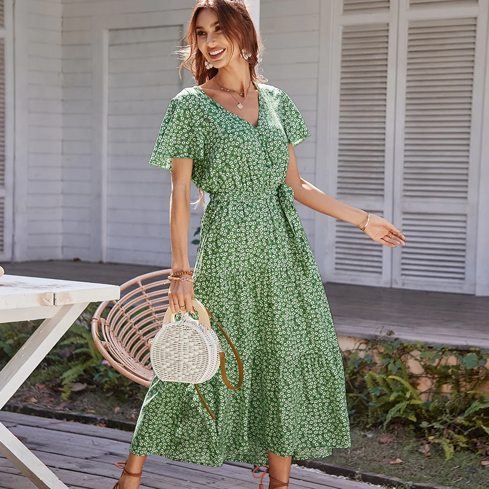 Abiti lunghi con stampa Vintage da donna per le donne 2023 estate Casual bohémien con scollo a v in vita abito femminile gonna da spiaggia da donna eachesyles