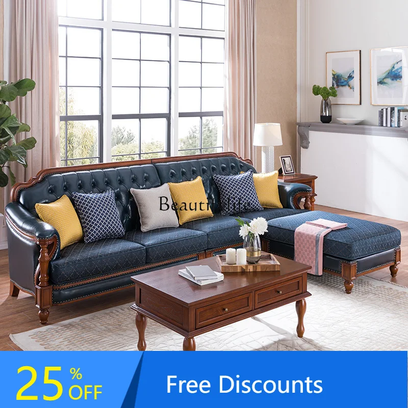 

кожаный диван L-образный кожаный тканевый ретро простой европейский массив дерева двойной тройной
