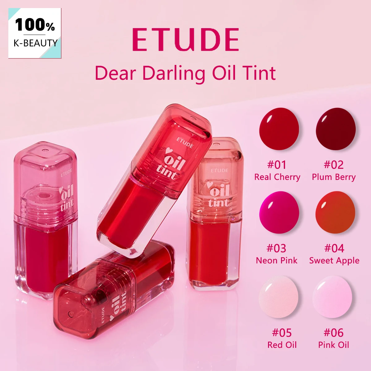 Tinte Labial con Aceite Dear Darling de ETUDE, Textura de Brillo Intenso, Aplicación Suave y Uniforme, Aceite Labial No Pegajoso, Cosmético Coreano, Maquillaje Coreano