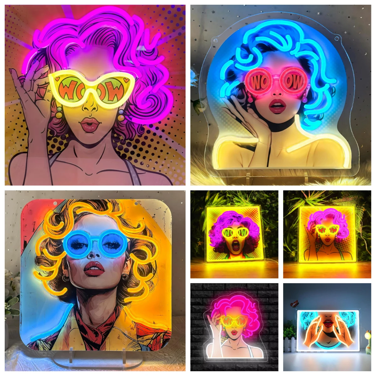 Wow Lady Pop Art LED Neon Sign USB Dimmable Neon Light for Mancave and Beauty Salon Pop Art Design Trendy Room Decoration