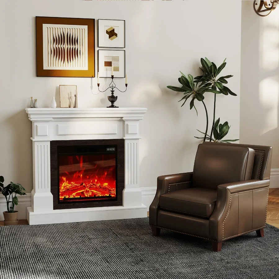 35 مدفأة كهربائية مع رف 18 بوصة مدفأة كهربائية واقعية للغاية ثلاثية الأبعاد لهب زر التحكم عن بعد مدفأة بيضاء Ma