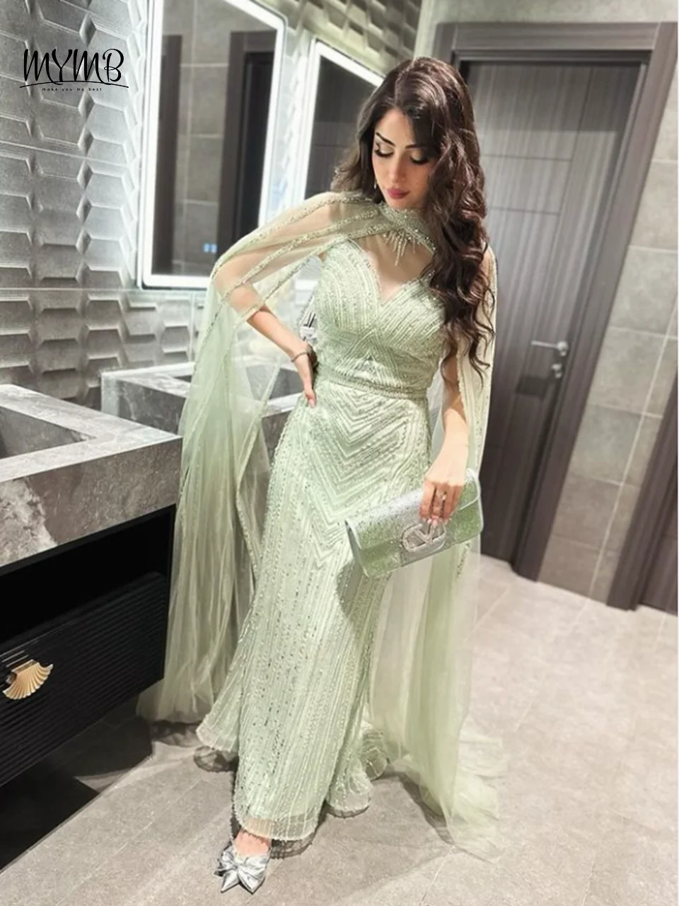 

MYMB Muslim High Neck Mermaid Mint Evening Party Gowns for Women Celebrity Gorgerous Dubai Cape Sleeves Beaded Celebrity Dress