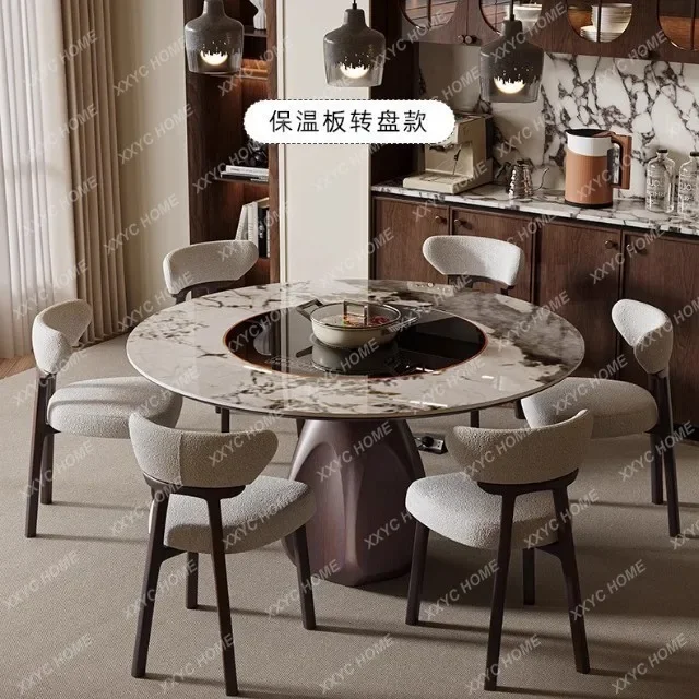 JMultifunctional solid wood rock slab dining table and chair combination modern simple round rock slab hot pot table