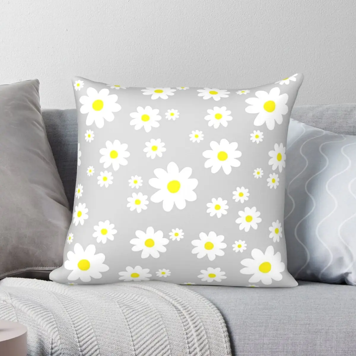 Spring Daisy Light Gray Square Pillowcase Polyester Linen Velvet Creative Zip Decorative Pillow Case Room Cushion Cover 45x45