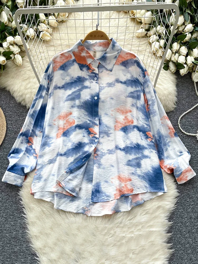 Kemeja Leher Polo Cetak Gaya Perancis Retro Musim Semi Musim Gugur untuk Wanita Atasan Blus Lengan Panjang Longgar dan Unik Modis Baru C165