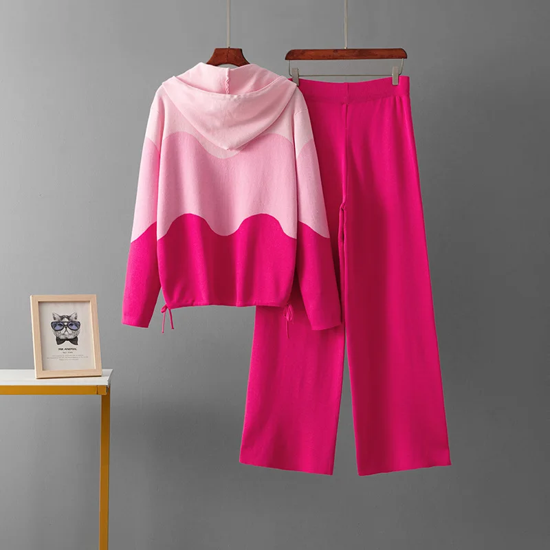 Koreańskie modne dzianinowe komplety dwuczęściowe damskie z kapturem, sweter w paski, bluzki, zestawy casualowe, spodnie proste z wysokim stanem.