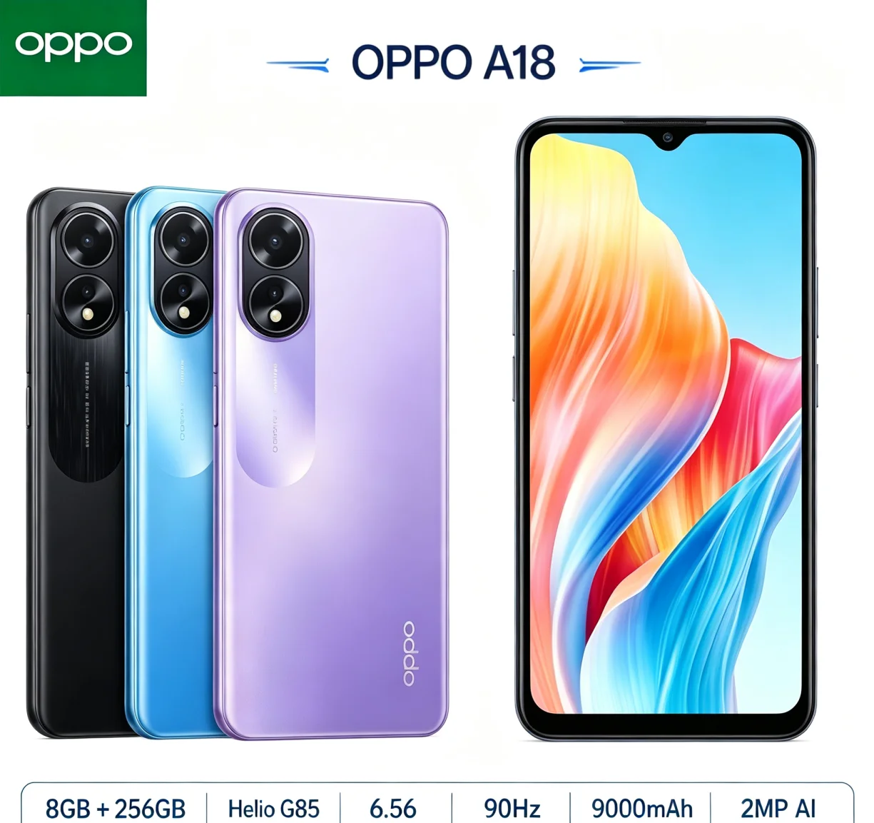2026 Top Value Pick OPPO A18 Brand New Unlocked Cell Phone 8+256GB Memory Dual‑SIM Card 6.5‑Inch HD+ Display Helio P35 Octa‑Core