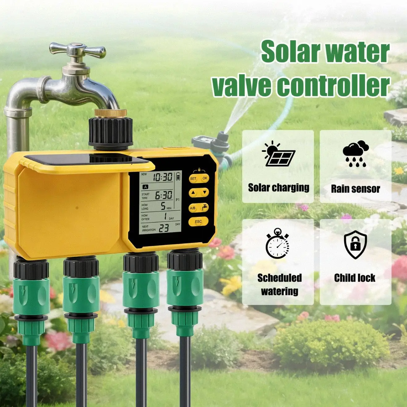 LCD digital display solar four-way irrigator, rainwater induction automatic stop irrigation