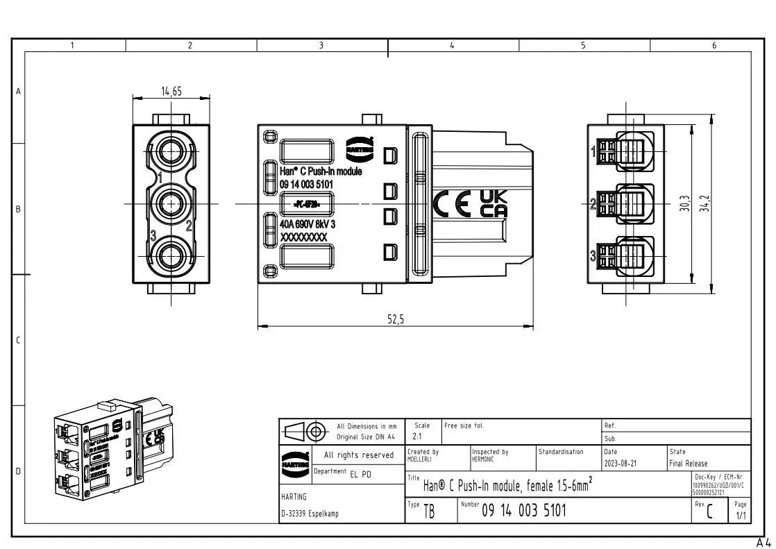 09140035101 HARTING Han-Modular 3-pin female 40A single-module Push-In