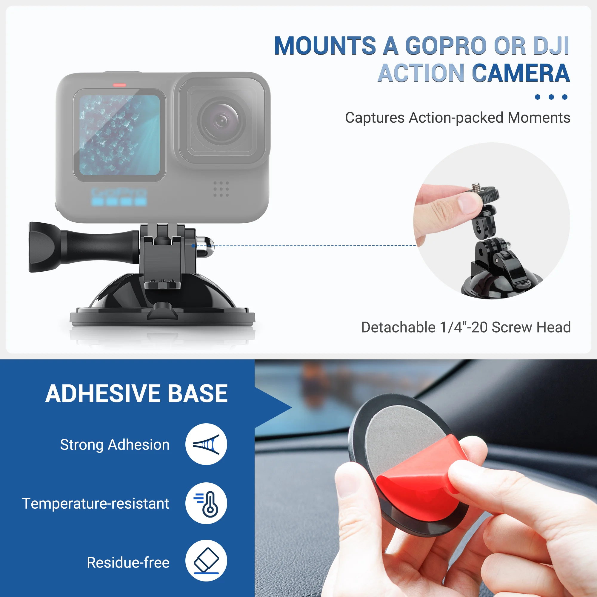 JJC Action Camera Holder Hand Pump Suction Cup 120° Adjustable with 1/4\