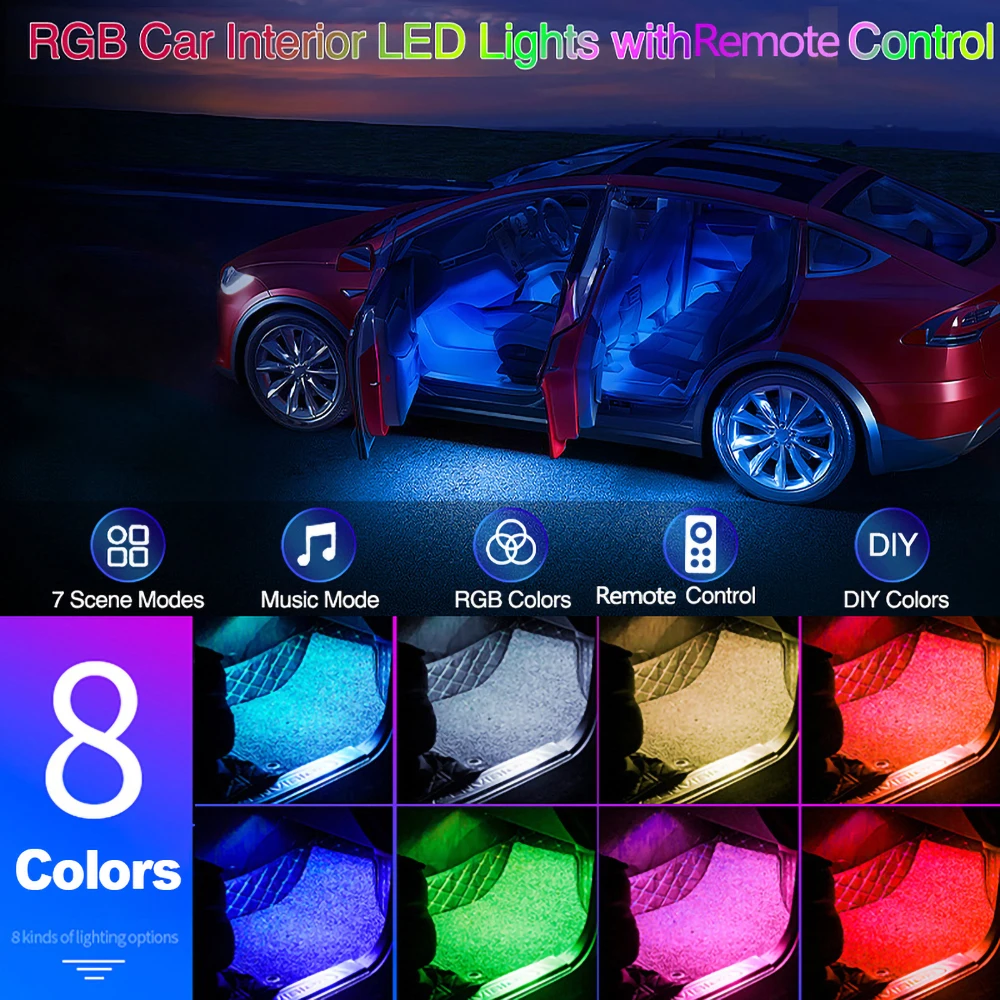 Auto-Fußraumbeleuchtung Neon 48 RGB LED Kabellose Fernbedienung Musik-App-Steuerung Auto RGB Fußraumlicht 5/12