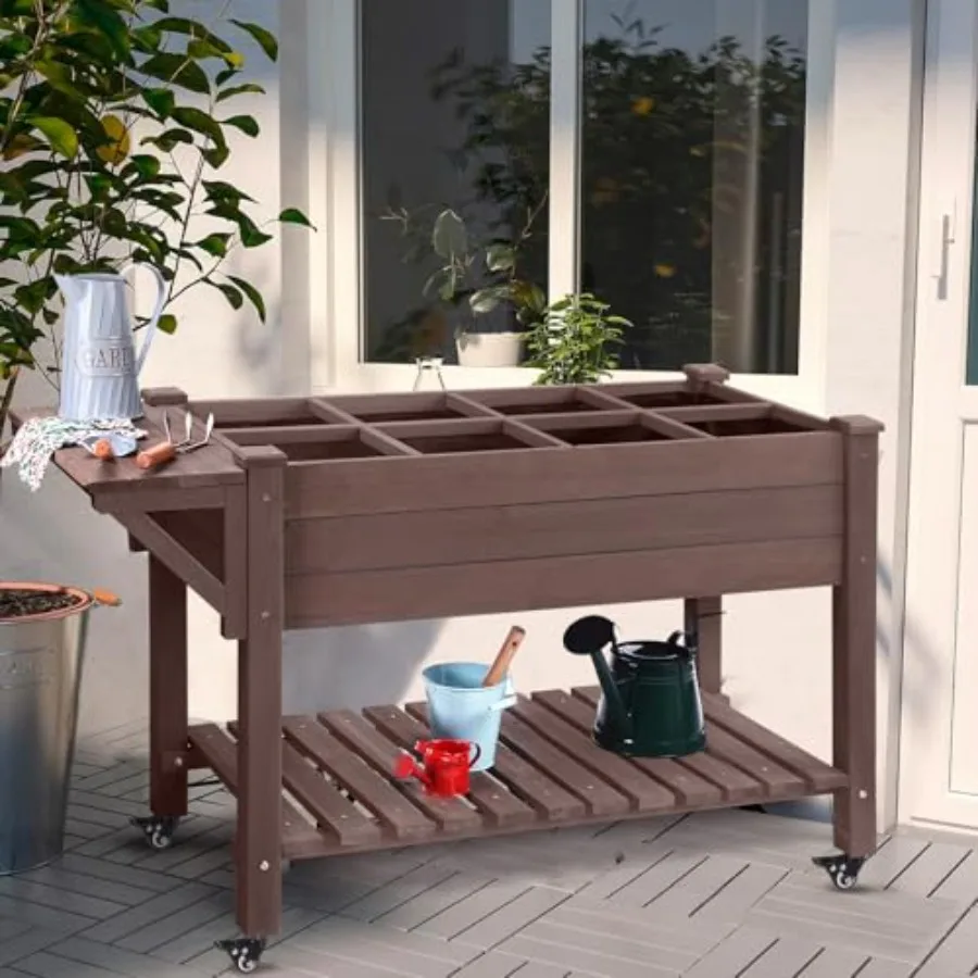 Raised Garden Bed on Wheels, Elevated Plant Boxes Outdoor Large with Grow Grid - with Large Storage Shelf 52.7