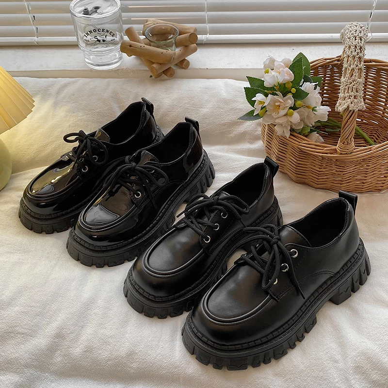 Women Shoes Autumn Black Flats Oxfords Clogs Platform Female Footwear All-Match British Style Fall Cross Summer Leather Creepers