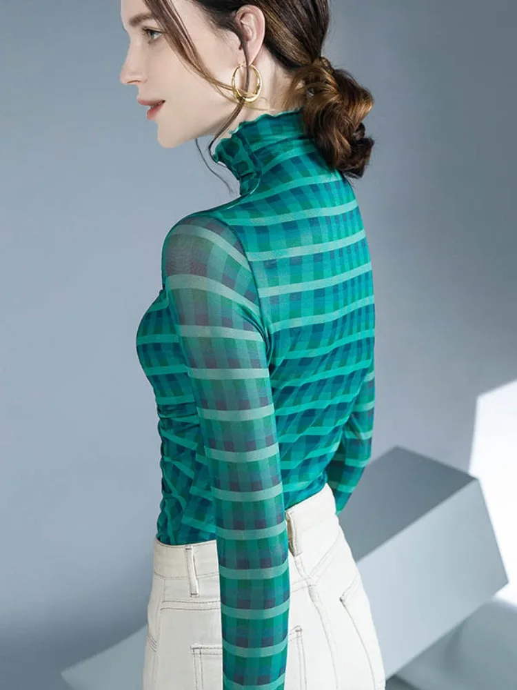 Bonboho Women's Aqua Green Grid High Neck Top Sheer Long Sleeves Slim T-shirt Pleated Front Elegant Undershirts 2026 New